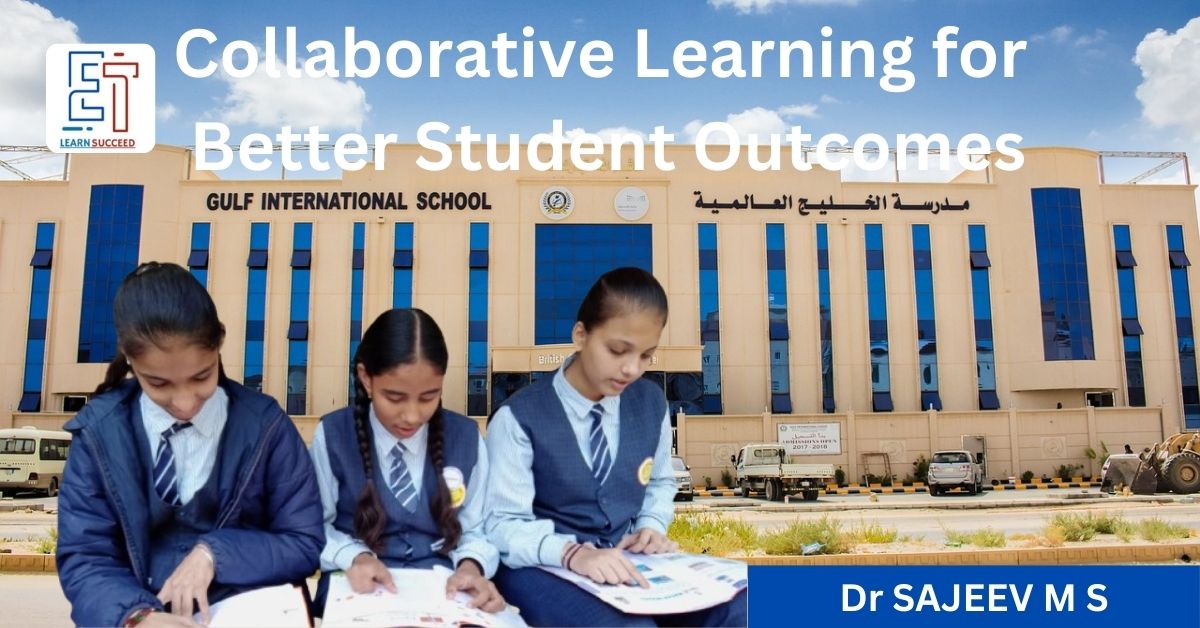 Three students are sitting in front of a school. They are conducting a collaborative learning