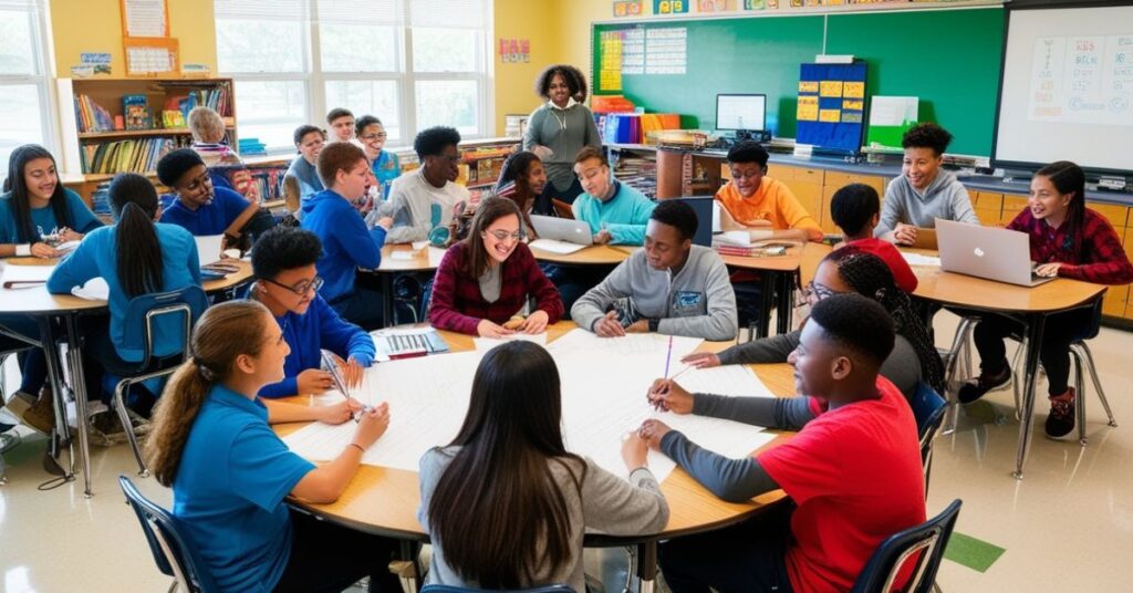 Some students are doing collaborate learning in their college library.