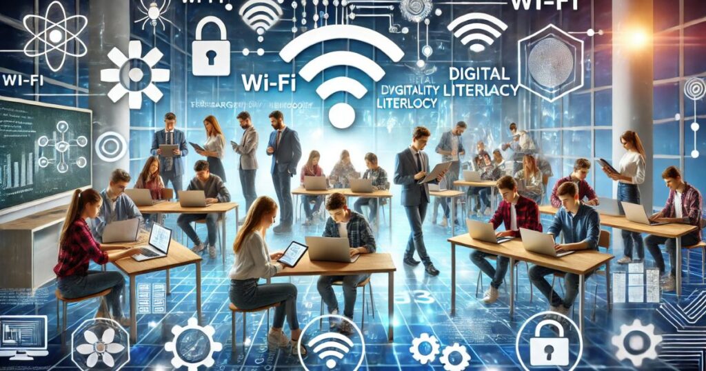 This image shows the digital learning in a college.This image shows the digital literacy skills for students.