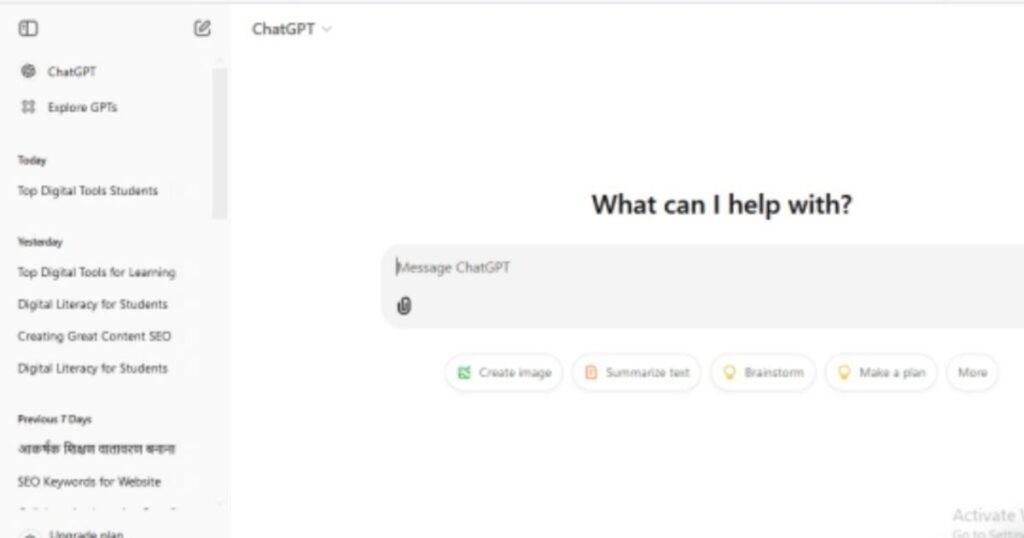 A computer screenshot of ChatGPT. It shows the digital skills for students.