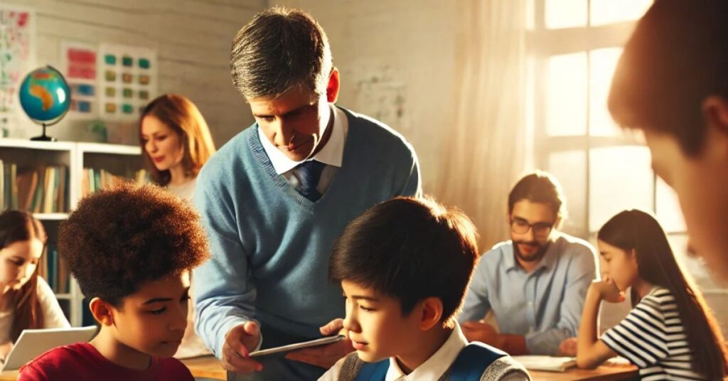 It is an image of empathetic teacher. He is standing in the class
