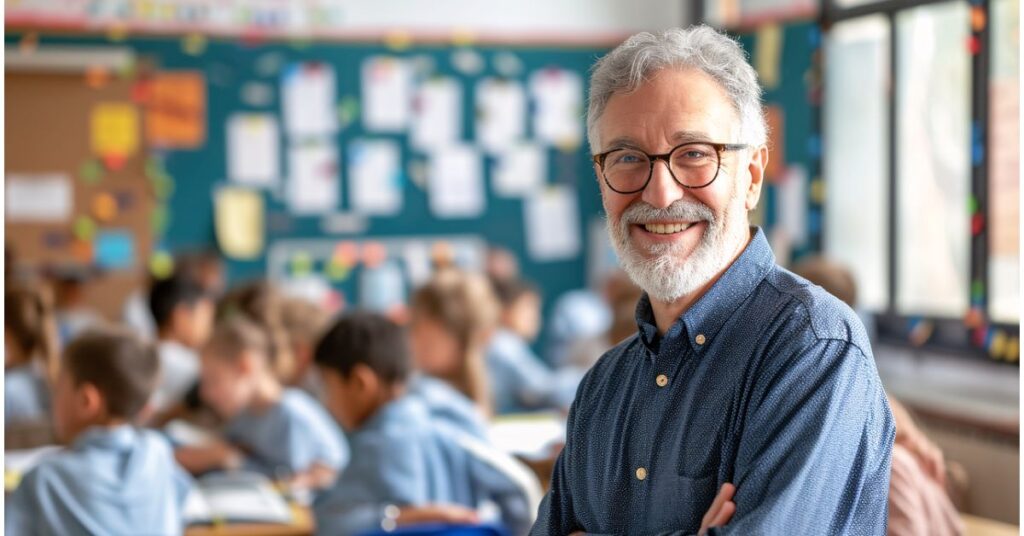 It is an image of empathetic teacher. He is standing in the class and students are learning something.