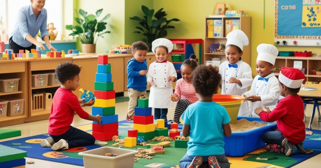 Kids are playing in the classroom.They are enjoying. This image shows the benefits of play in early childhood education.