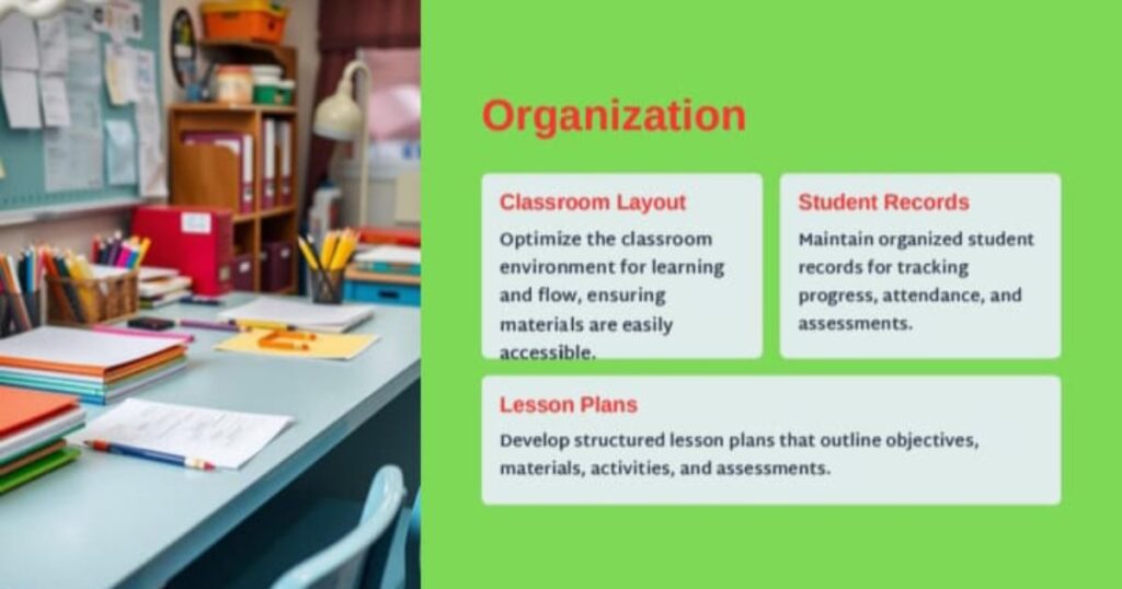 A slide of organization. it shoes the teacher's skills