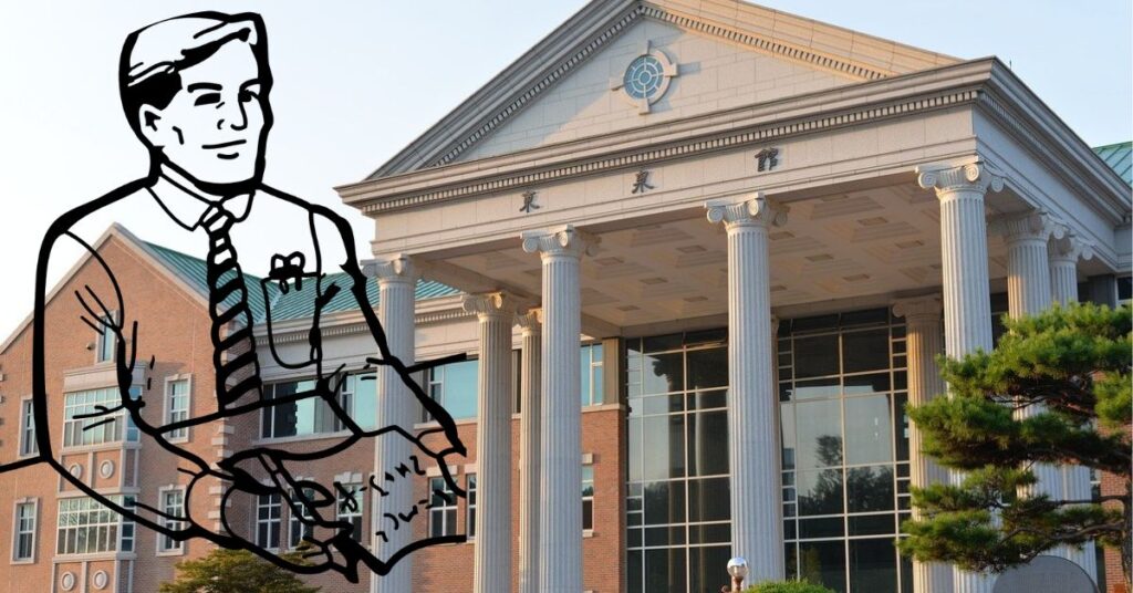 An image of a school principal.He is sitting in front of a school. An image of a school in background.What makes a great school principal