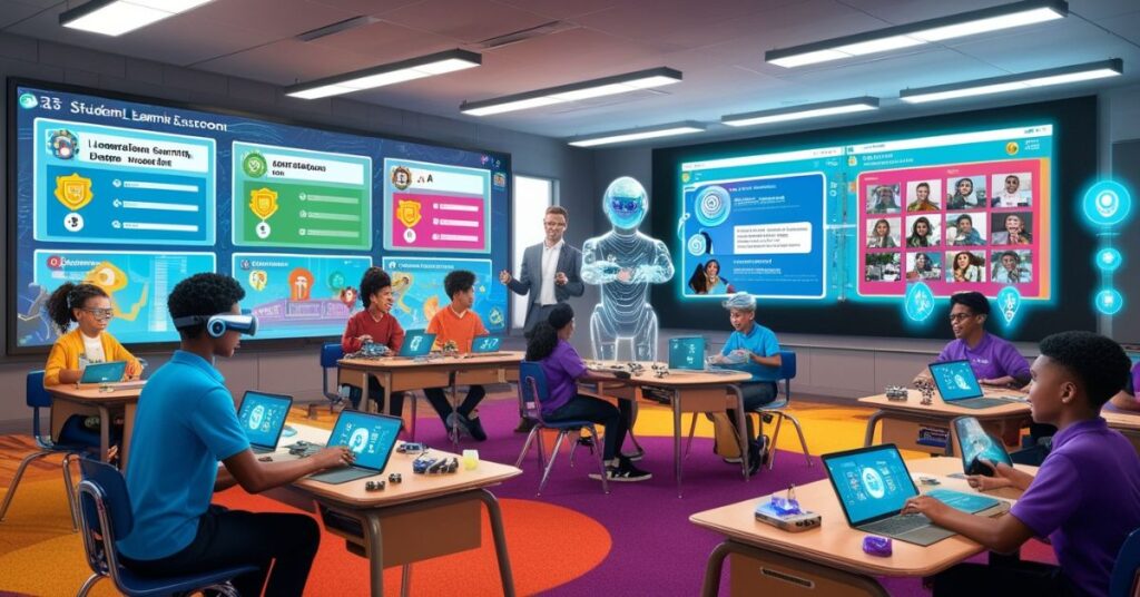 A futuristic classroom in the year 2025, featuring students using AR and VR devices, interactive gamified learning tools with leader boards and badges displayed on a digital screen, and a teacher guiding with a tablet. It shows the innovative teaching strategies.