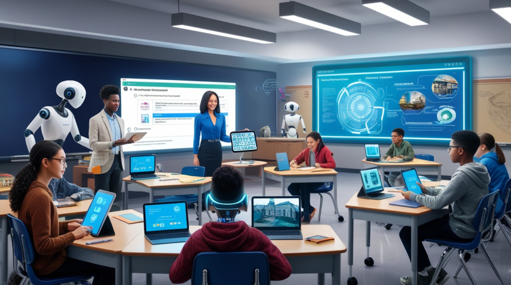 A modern classroom. It shows AI in Education