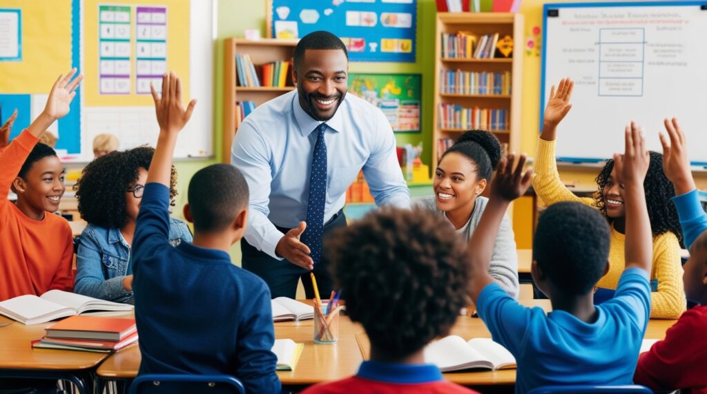 A teacher is talking to the students It shows the strong relationships in education and teacher's skills