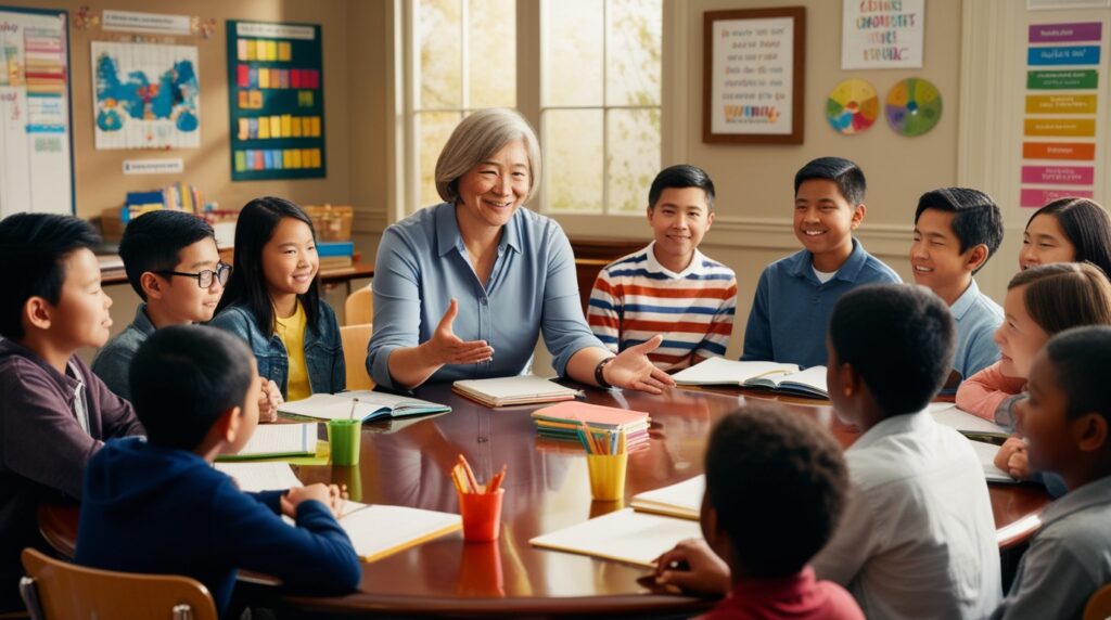 Teachers as Role Models, how can a teacher be a role model for students
teaching character and moral virtues
An image of teacher and students