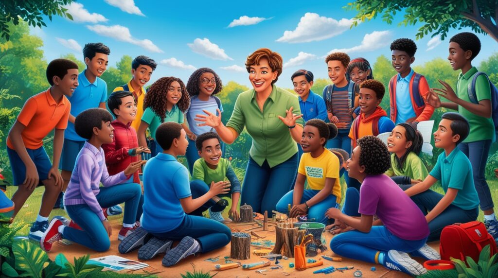 Teachers as Role Models, role model teacher qualities
teacher as a role model in society
An image of teacher and students. A teacher engaging with students in an outdoor activity, showcasing teamwork, inspiration, and the role of extracurricular activities in personal development.