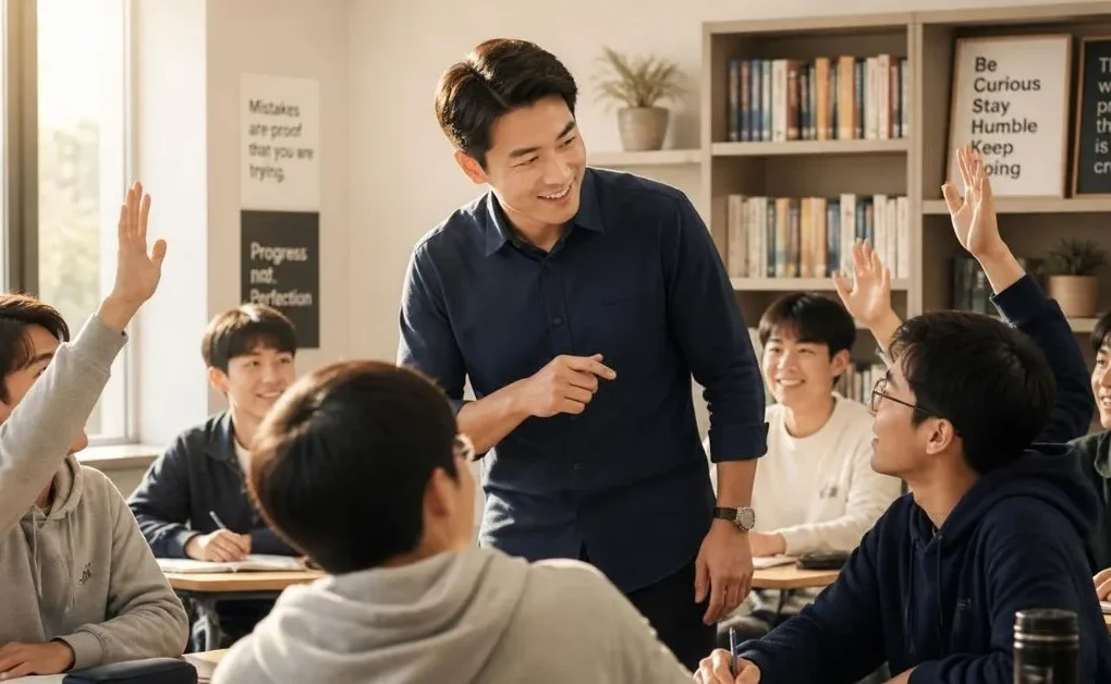Teacher interacting positively with students in a classroom