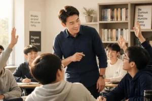 Teacher interacting positively with students in a classroom
