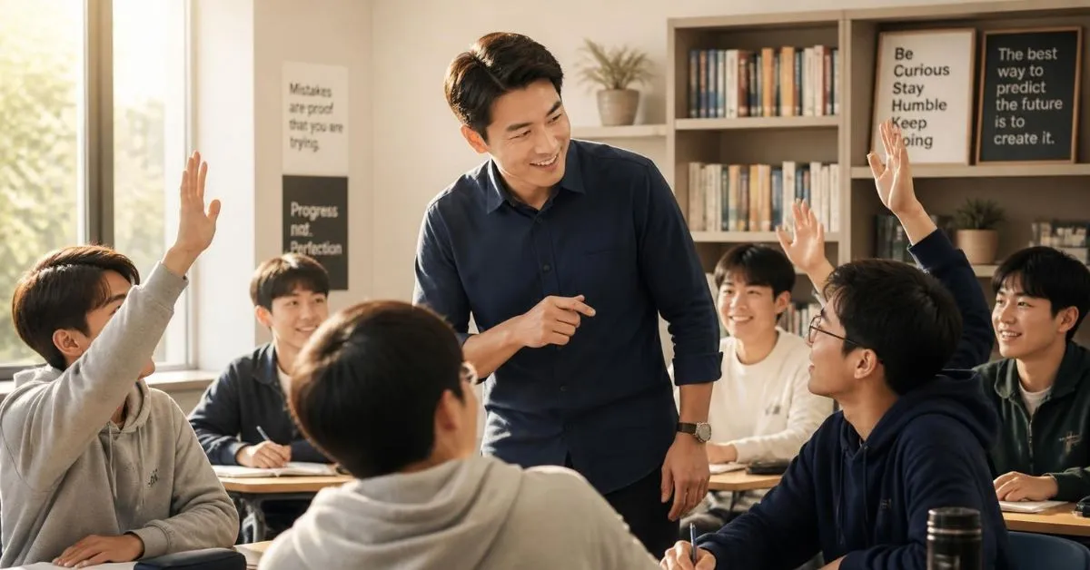 Teacher interacting positively with students in a classroom