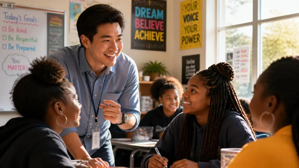 Teacher helping students regain interest in learning in a modern classroom
how teachers can motivate students,
classroom engagement,
meaningful learning,
modern teaching strategies,
student participation in class,
technology in education,
AI in education,