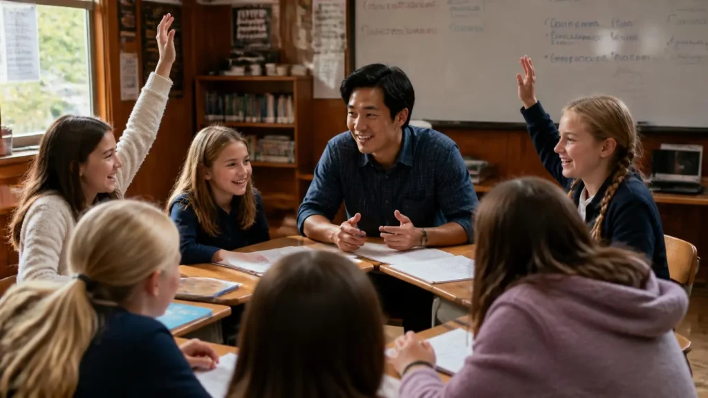 Teacher helping students regain interest in learning in a modern classroom
how teachers can motivate students,
classroom engagement,
meaningful learning,
modern teaching strategies,
student participation in class,
technology in education,
AI in education,