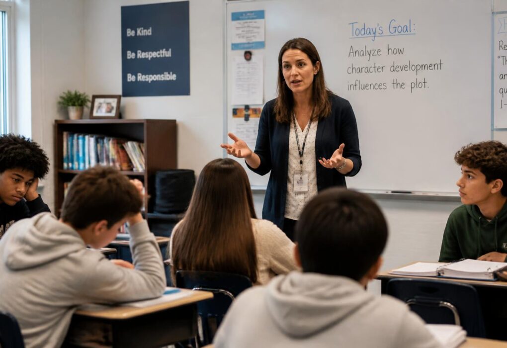 A teacher engaging distracted students in a classroom while explaining a lesson.