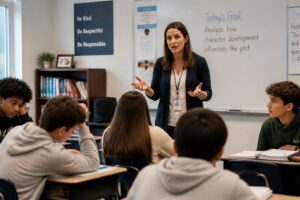 A teacher engaging distracted students in a classroom while explaining a lesson.