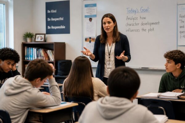 A teacher engaging distracted students in a classroom while explaining a lesson.
