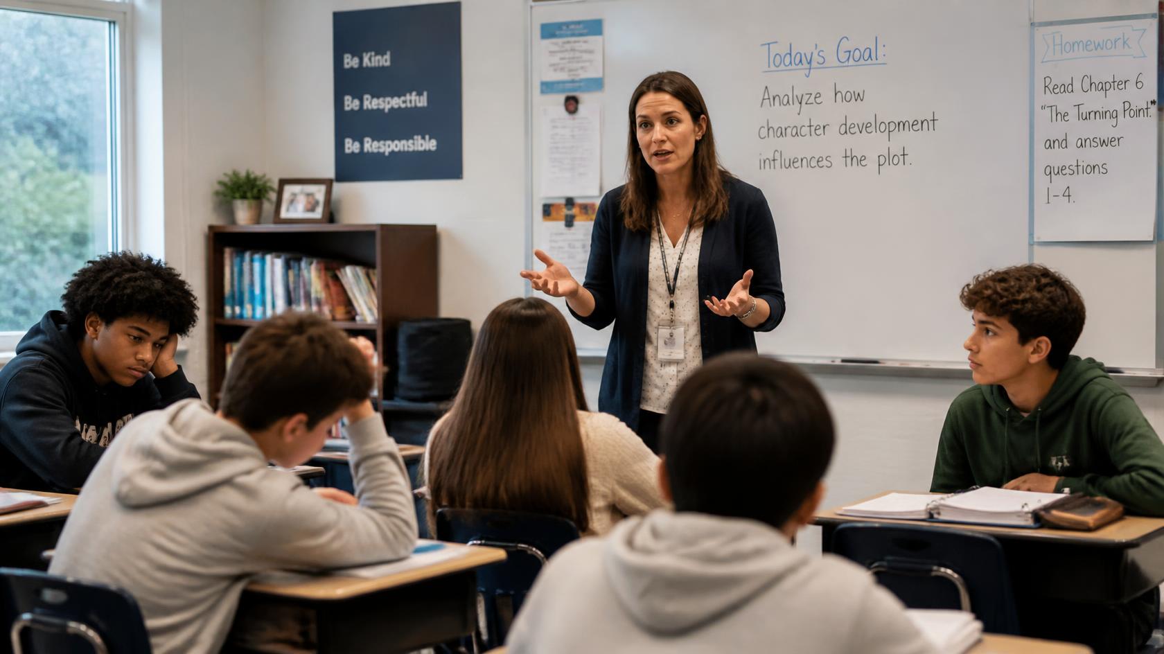 A teacher engaging distracted students in a classroom while explaining a lesson.