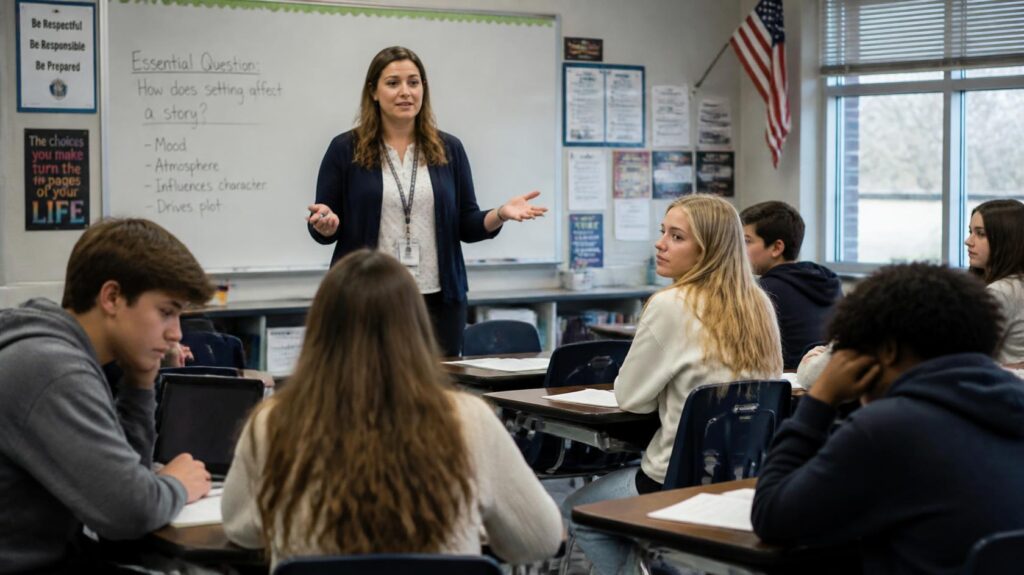 A teacher engaging distracted students in a classroom while explaining a lesson.