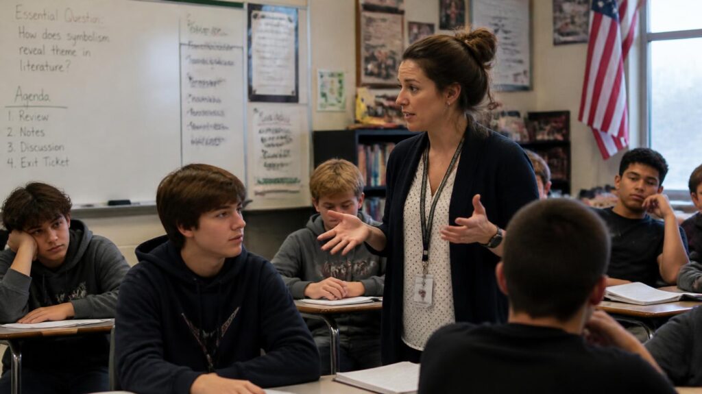 A teacher engaging distracted students in a classroom while explaining a lesson.