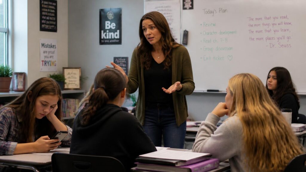 A teacher engaging distracted students in a classroom while explaining a lesson.