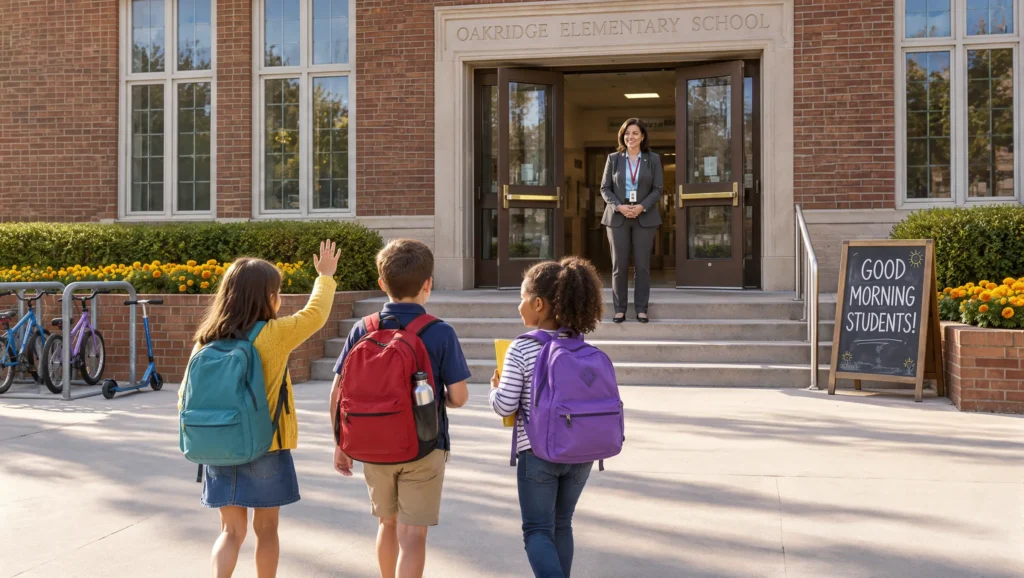 Daily leadership reflection checklist featuring 15 questions for modern school principals to improve school management, teacher support, student well-being, and instructional leadership.