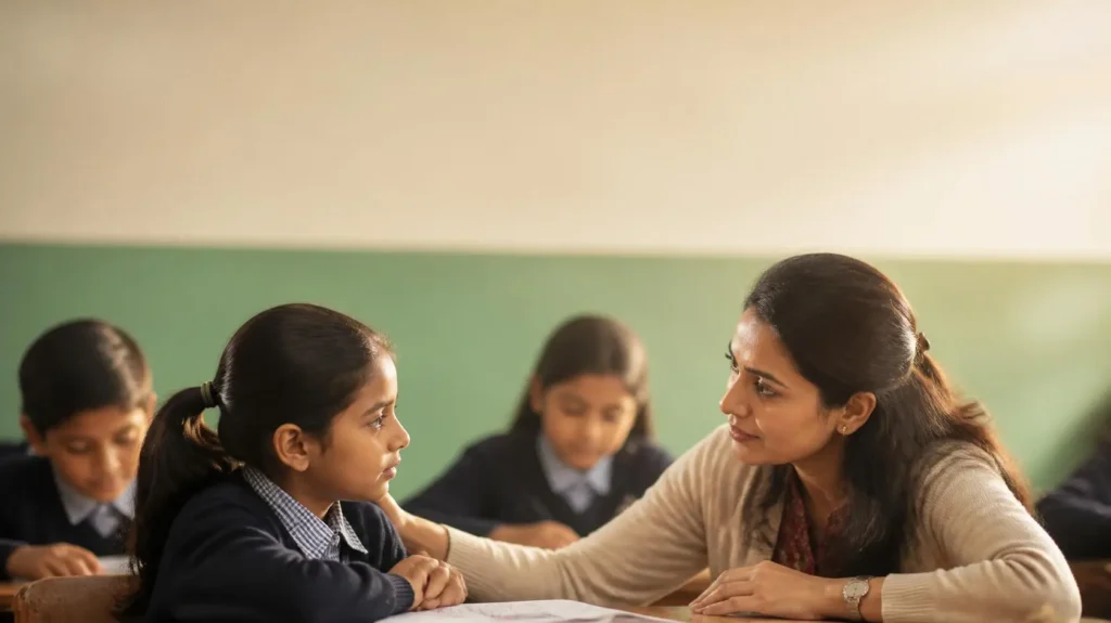 An empathetic teacher listening to and supporting students in a classroom
Importance of empathy in teaching,
Qualities of an empathetic teacher,
Empathy in the classroom,
How teachers can show empathy,
Teacher-student relationships,
Empathetic teaching strategies,
Positive classroom environment,
