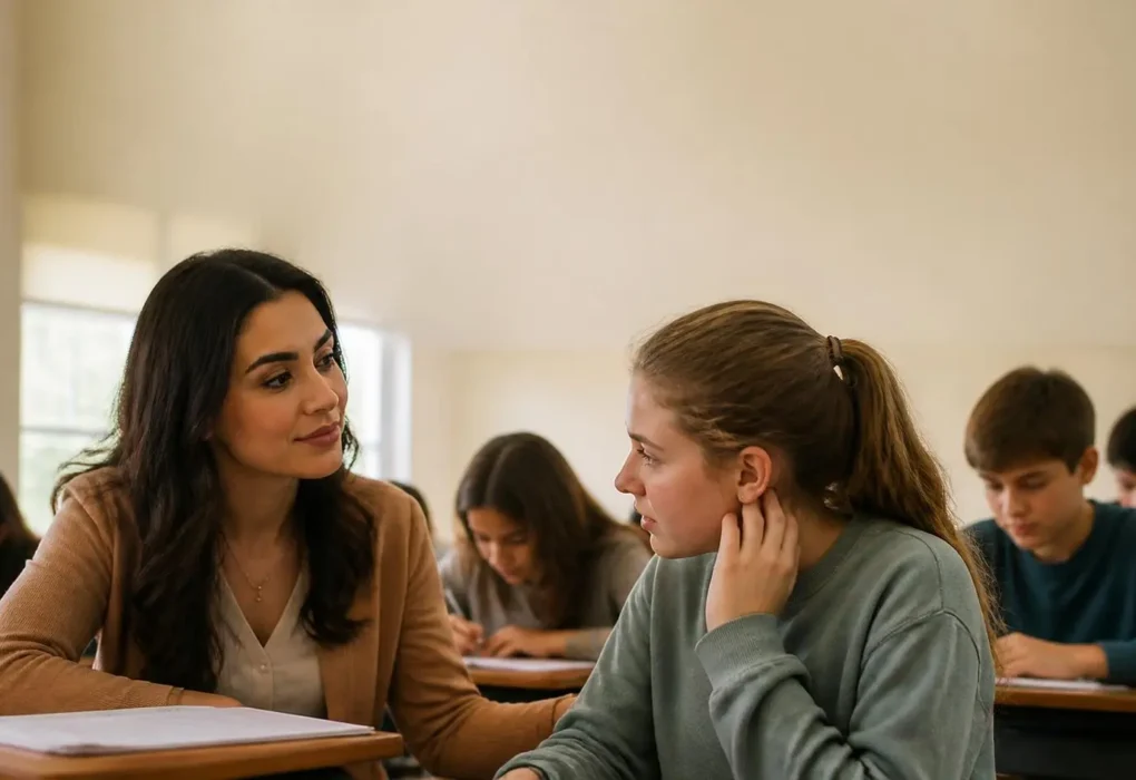 An empathetic teacher listening to and supporting students in a classroom