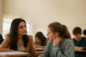 An empathetic teacher listening to and supporting students in a classroom