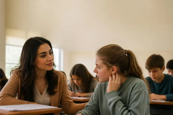 An empathetic teacher listening to and supporting students in a classroom