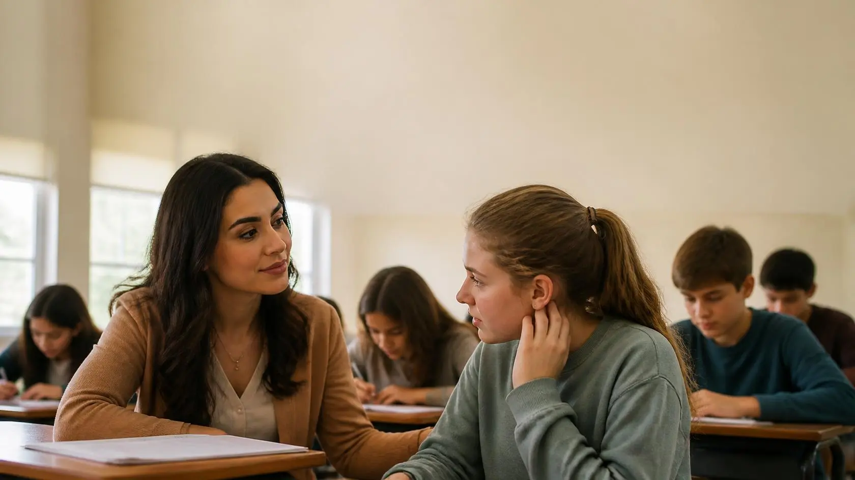 An empathetic teacher listening to and supporting students in a classroom