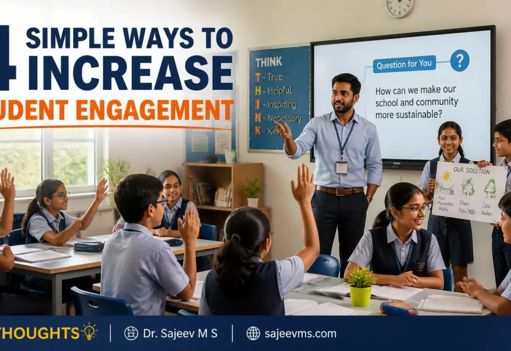 Teacher engaging students through classroom discussions, presentations, open-ended questions, and interactive learning.