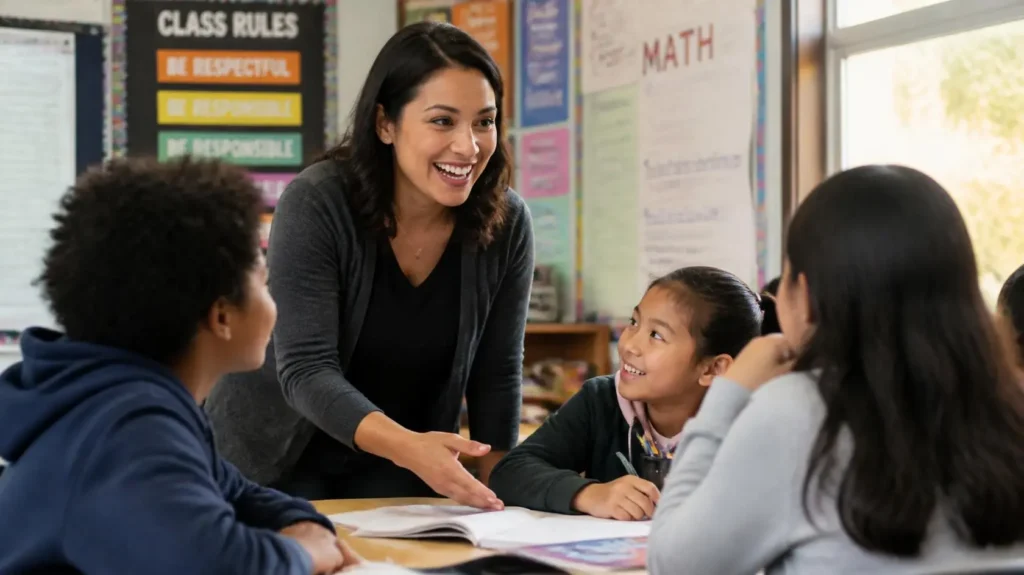 Teacher engaging students through classroom discussions, presentations, open-ended questions, and interactive learning.