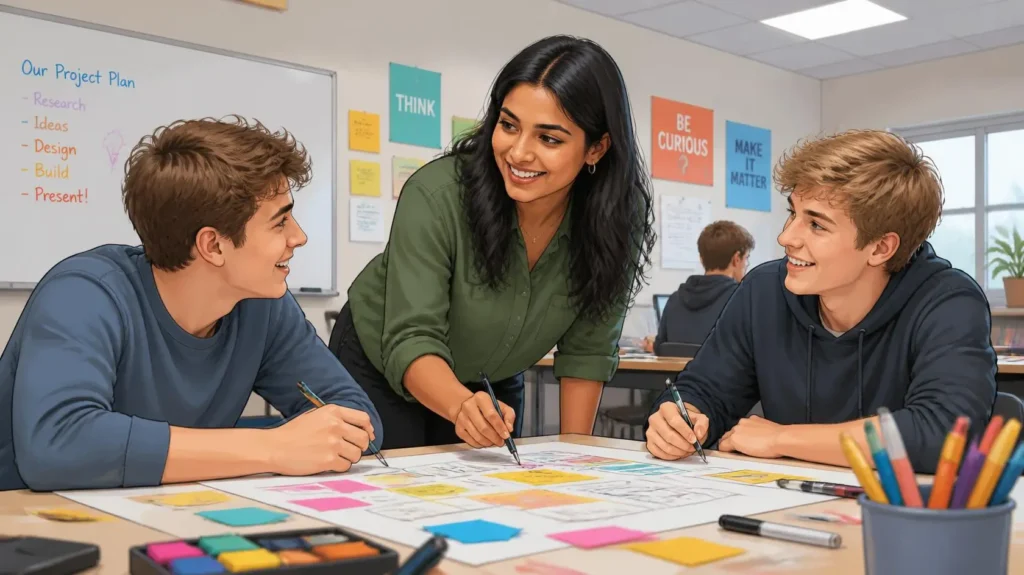 Teacher engaging students through classroom discussions, presentations, open-ended questions, and interactive learning.