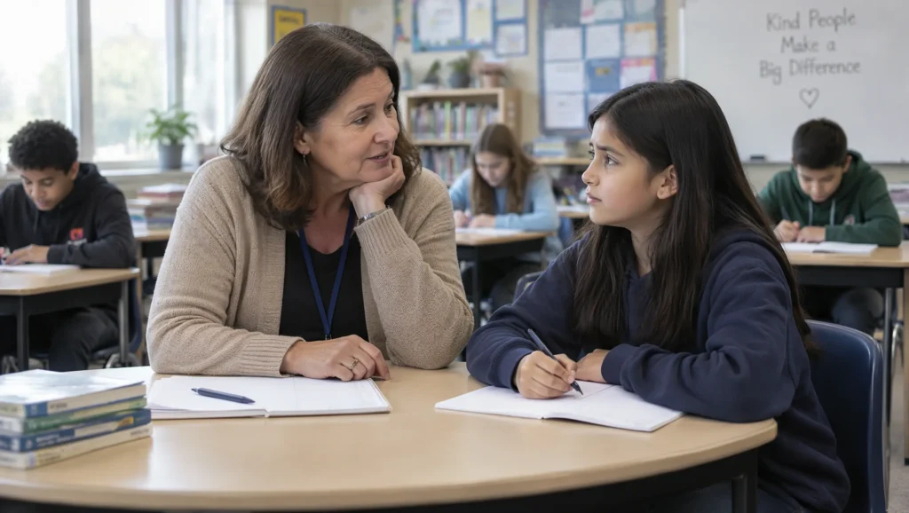 Teacher listening empathetically to a student in a classroom before correcting the child's behaviour.