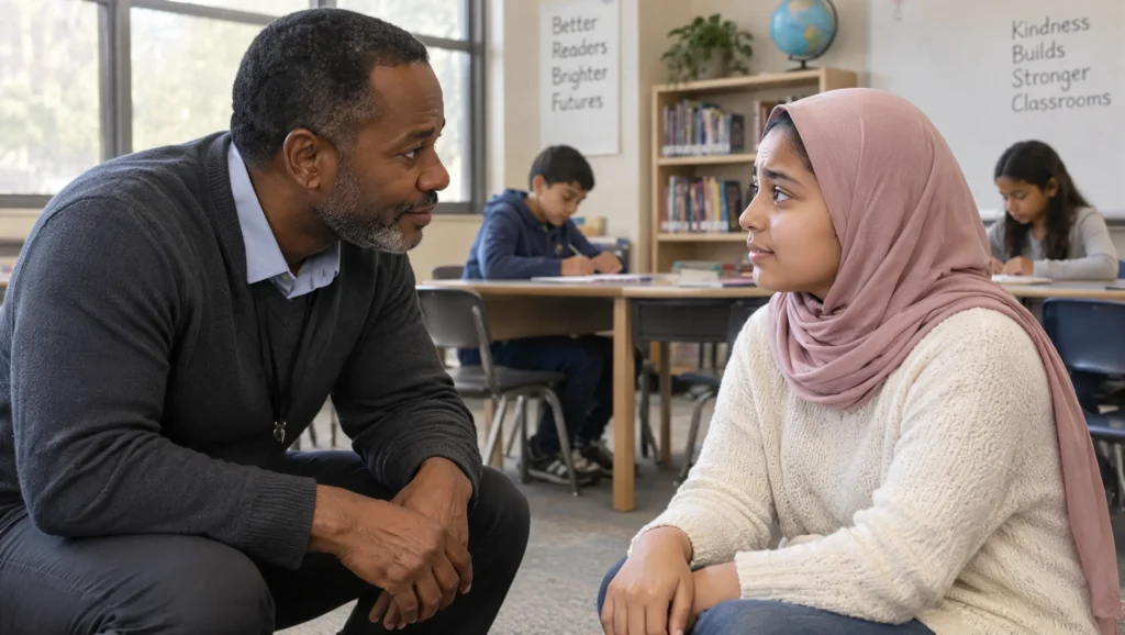 Teacher listening empathetically to a student in a classroom before correcting the child's behaviour.