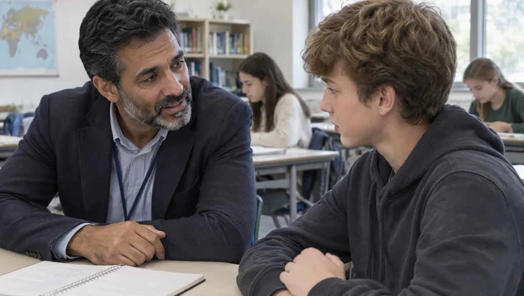 Teacher listening empathetically to a student in a classroom before correcting the child's behaviour.