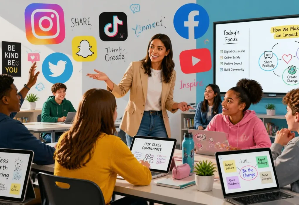 Teacher engaging with Gen Z students in a modern classroom using technology