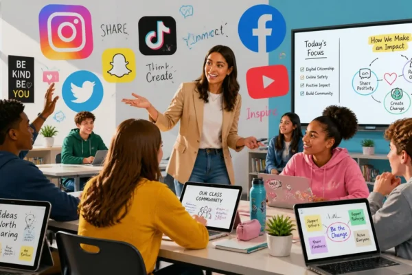 Teacher engaging with Gen Z students in a modern classroom using technology
