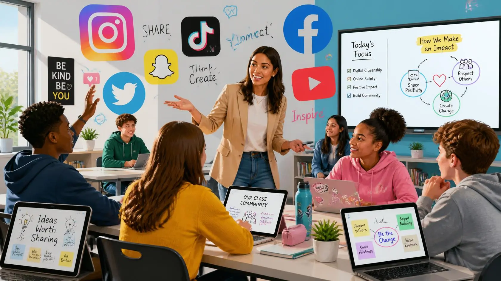 Teacher engaging with Gen Z students in a modern classroom using technology