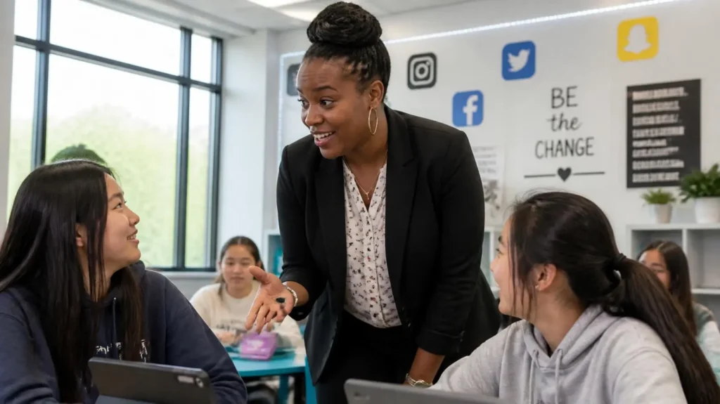 Teacher engaging with Gen Z students in a modern classroom using technology