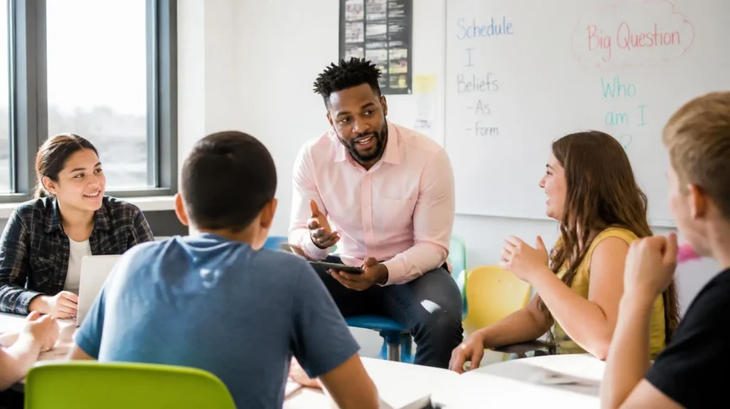 Teacher engaging with Gen Z students in a modern classroom using technology