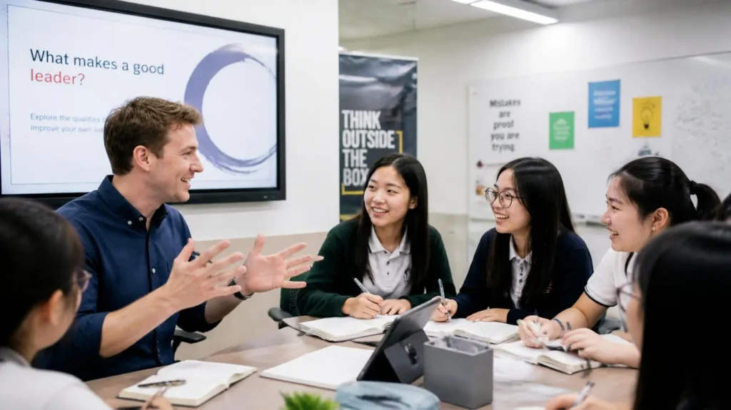 Teacher engaging with Gen Z students in a modern classroom using technology