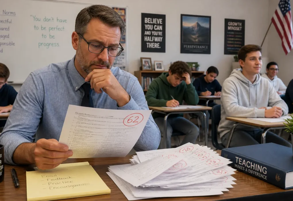 A schoolteacher reviewing students’ examination papers and reflecting on ways to improve student learning and academic results.
