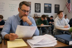A schoolteacher reviewing students’ examination papers and reflecting on ways to improve student learning and academic results.