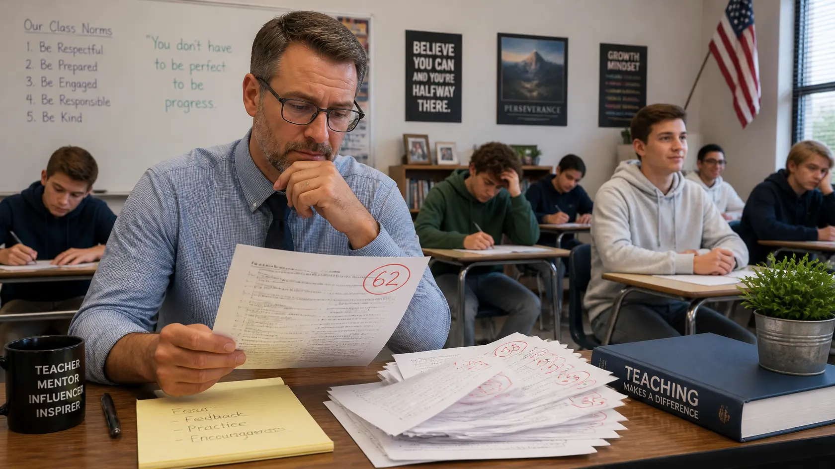 A schoolteacher reviewing students’ examination papers and reflecting on ways to improve student learning and academic results.