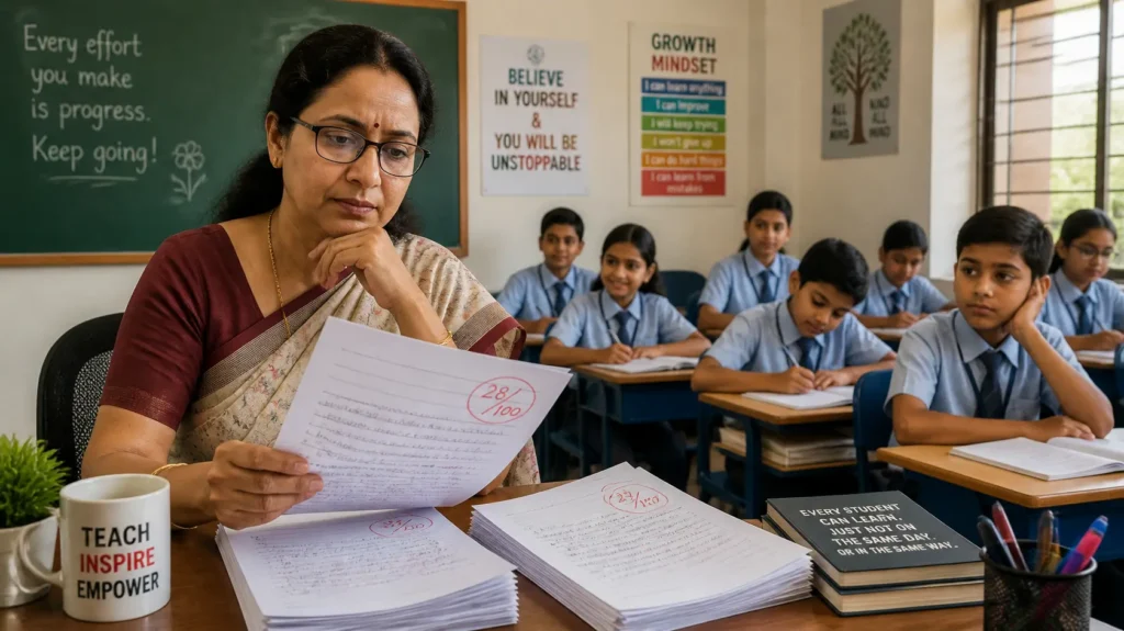 A schoolteacher reviewing students’ examination papers and reflecting on ways to improve student learning and academic results.
Hardworking teachers,
Poor academic results,
Effective teaching strategies,
Improving student performance,
Teacher reflection,
Student learning,
