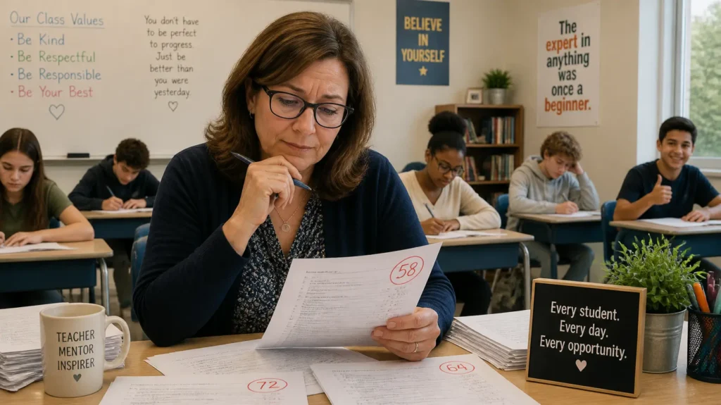 A schoolteacher reviewing students’ examination papers and reflecting on ways to improve student learning and academic results.
Hardworking teachers,
Poor academic results,
Effective teaching strategies,
Improving student performance,
Teacher reflection,
Student learning,
