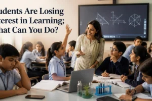 Teacher helping students regain interest in learning in a modern classroom